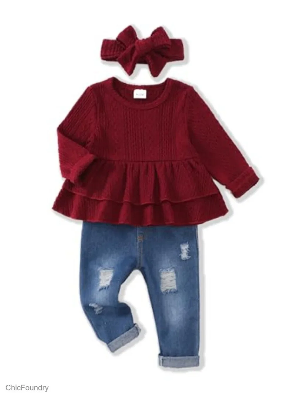 Baby Girl Long Sleeve Top and Ripped Jeans Set with Headband